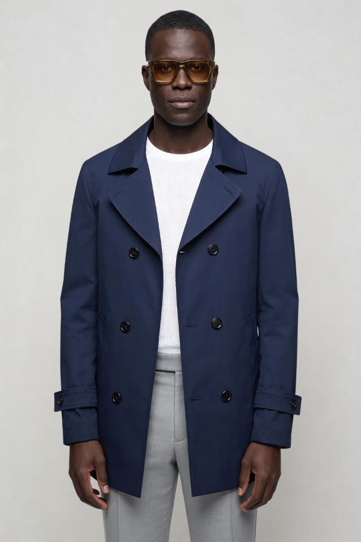 Men’s navy double breasted trench coat front view