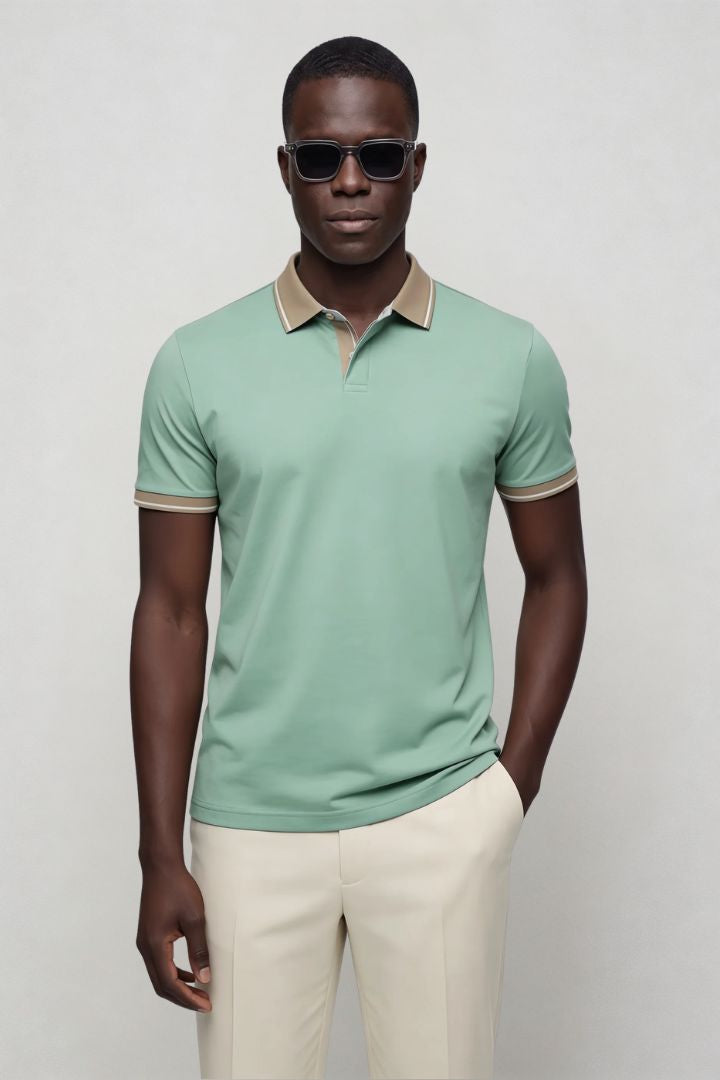 Men’s tailored summer polo shirt with contrast collar and breathable stretch fabric for modern casual style in sage green