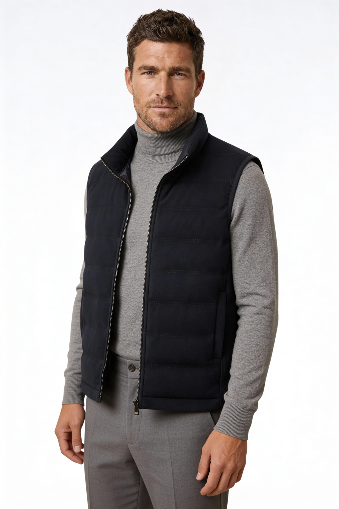 Man wearing the black insulated puffer vest of Lavencio