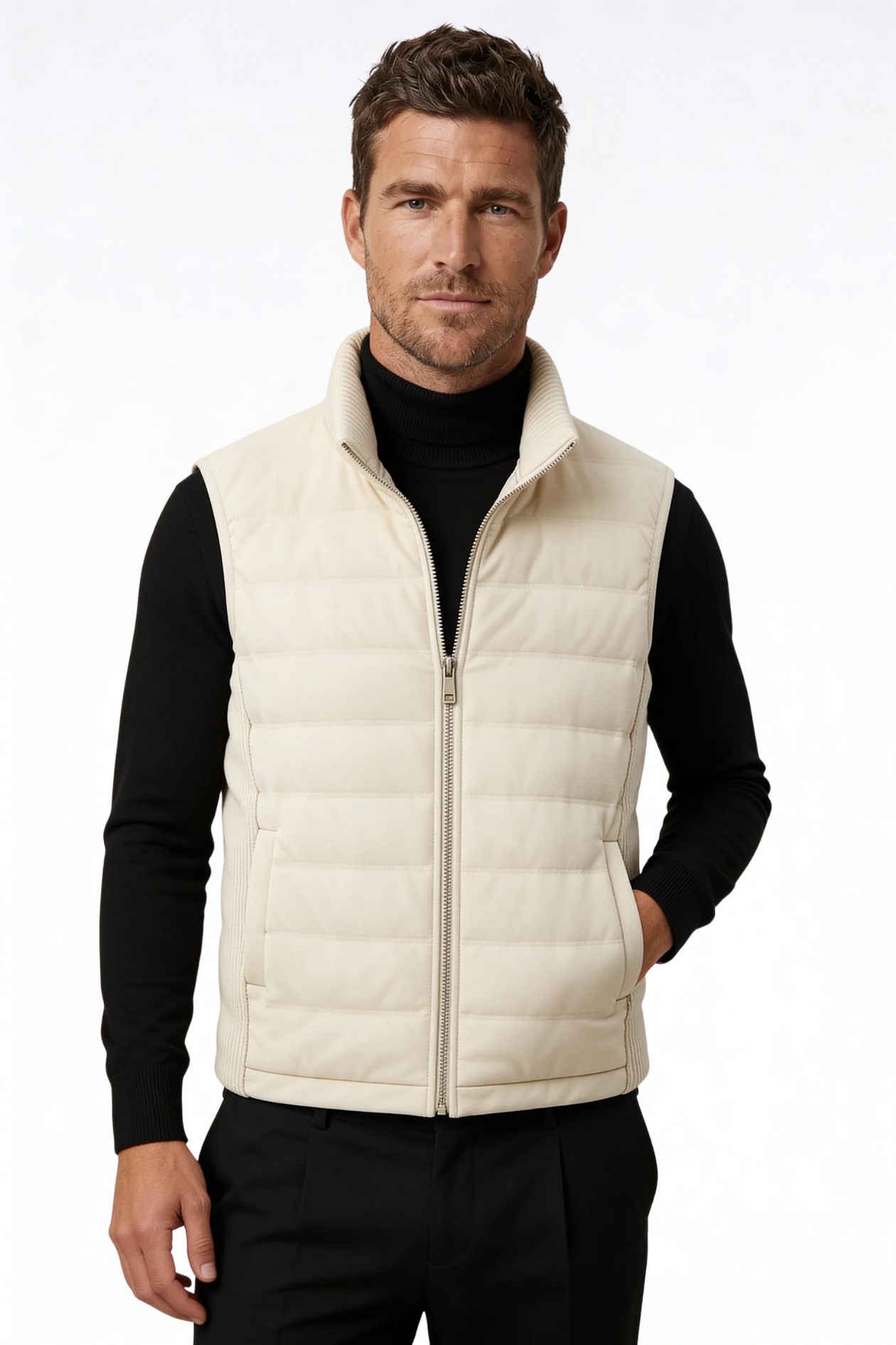 Man wearing the white insulated puffer vest of Lavencio