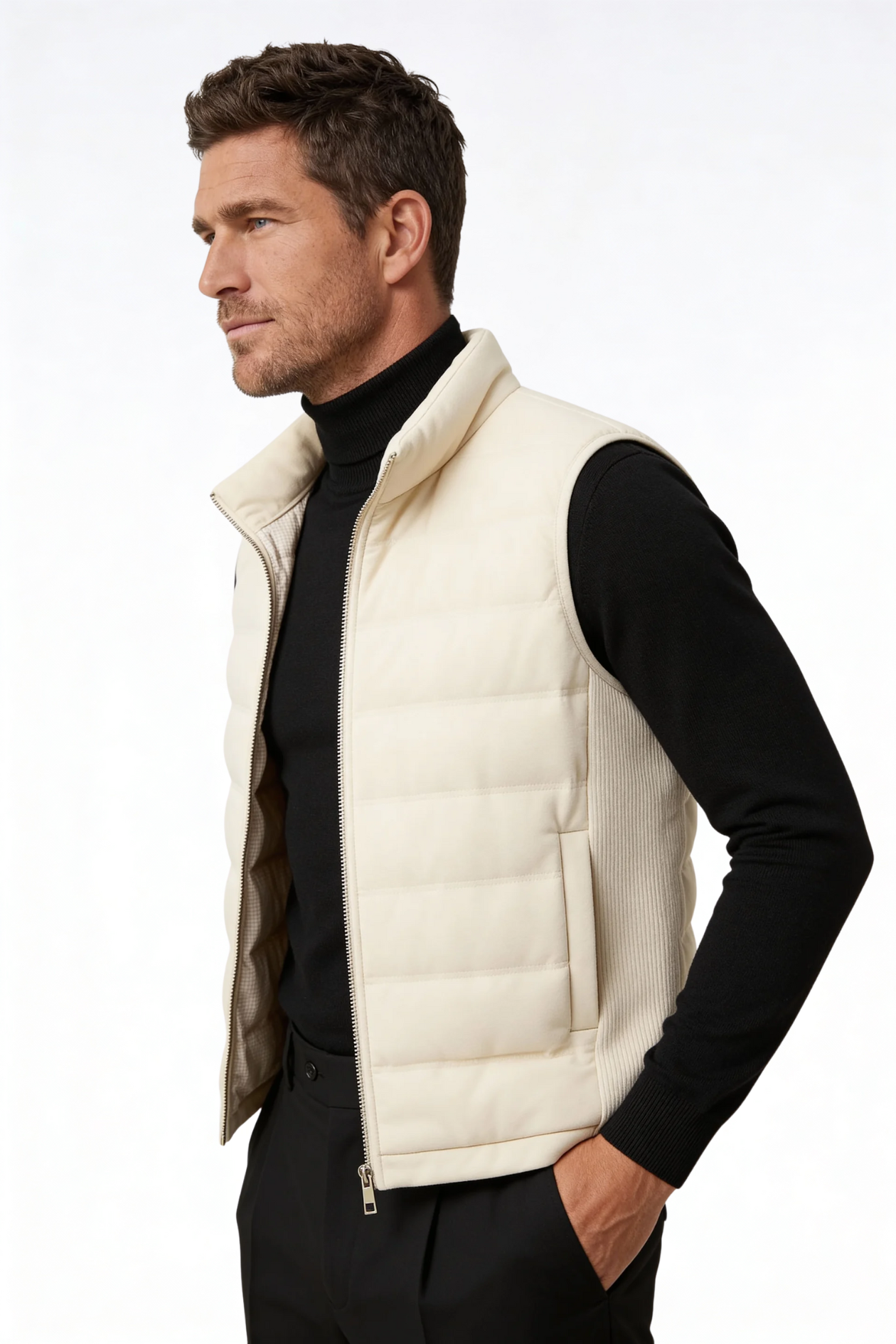Man wearing the white insulated puffer vest of Lavencio