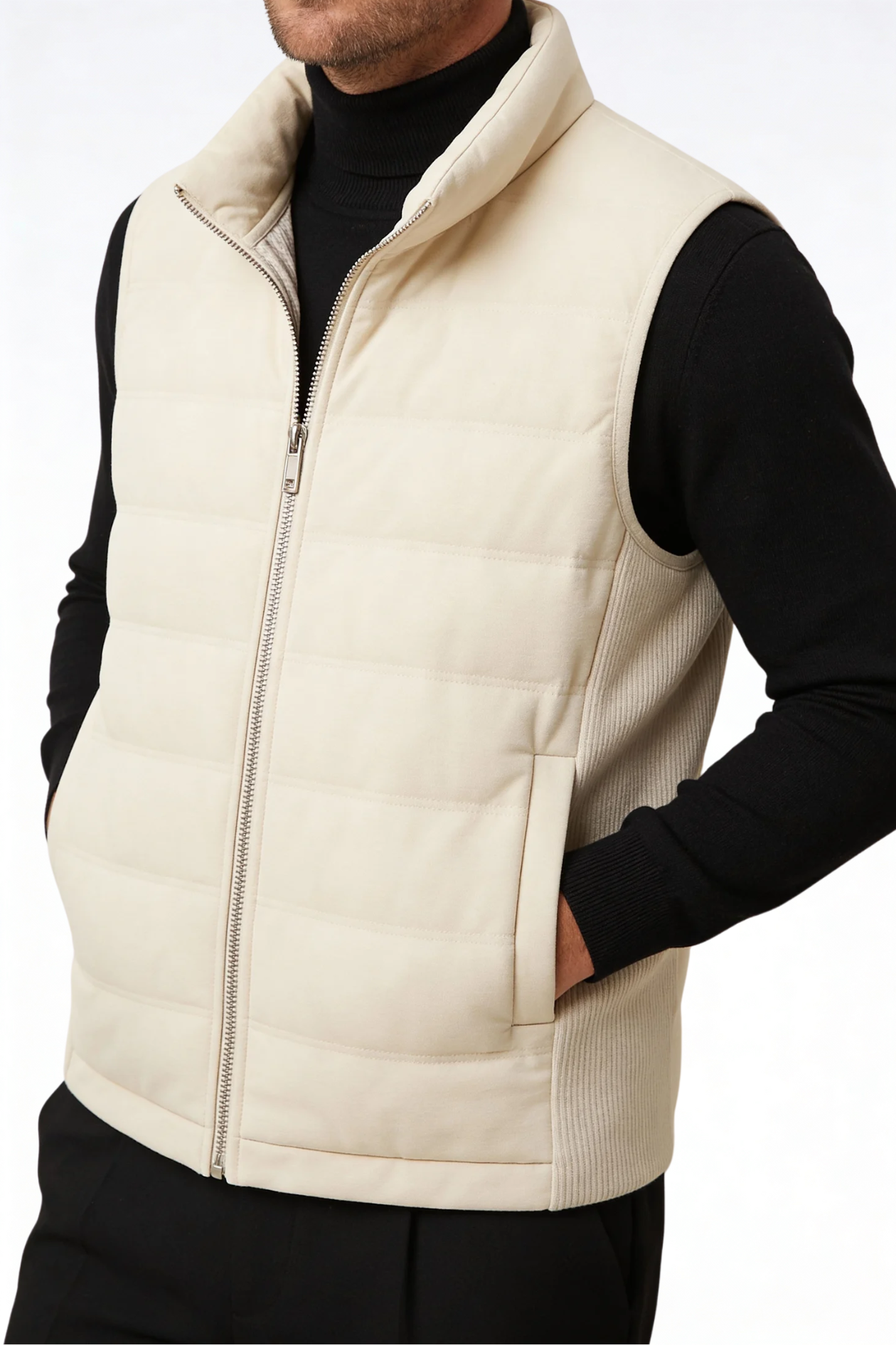 Man wearing the white insulated puffer vest of Lavencio