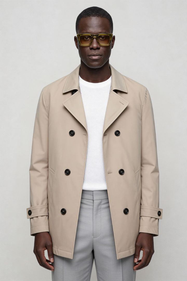 Man wearing a double-breasted beige trench coat with black buttons front view