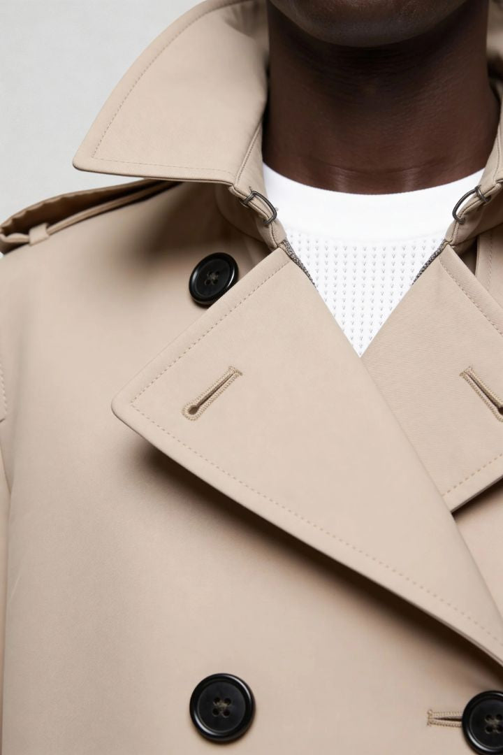 Man wearing a double-breasted beige trench coat with black buttons close-up shot