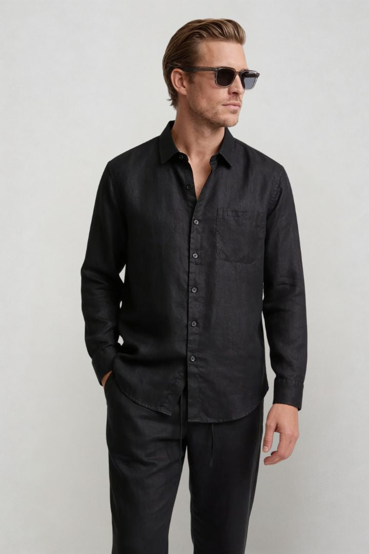 Men’s black linen resort set with relaxed linen shirt and drawstring pants lightweight summer outfit front view