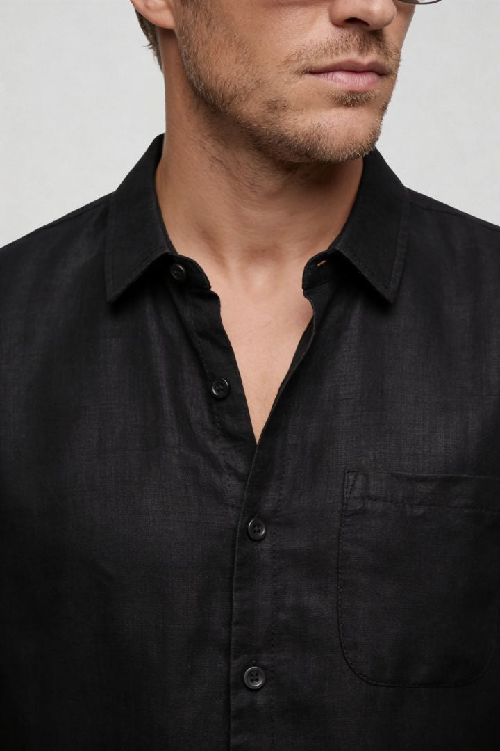 Men’s black linen resort set with relaxed linen shirt and drawstring pants lightweight summer outfit close-up