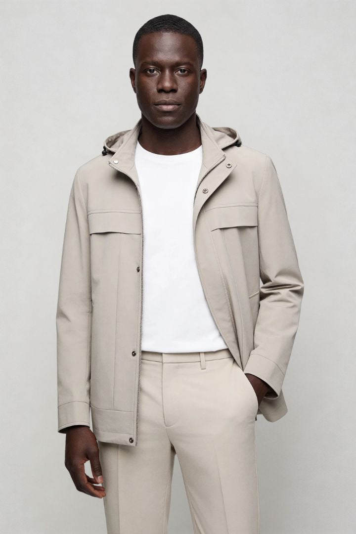 Men’s beige lightweight hooded polyester jacket spring fall outerwear