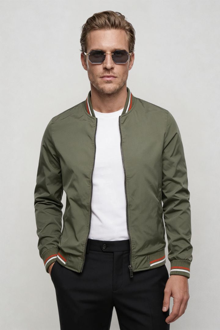 Kingsley Lightweight Zip Jacket – Green Polyester Bomber – Contrast Rib Detail – Modern Fit – Front View
