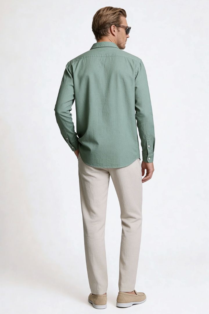 Men’s sage green linen resort set with relaxed linen shirt and drawstring pants lightweight summer outfit back view