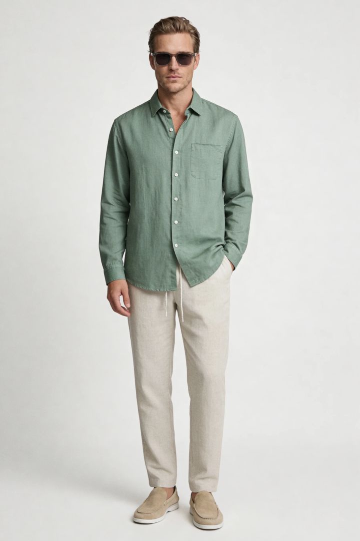 Men’s sage green linen resort set with relaxed linen shirt and drawstring pants lightweight summer outfit front view