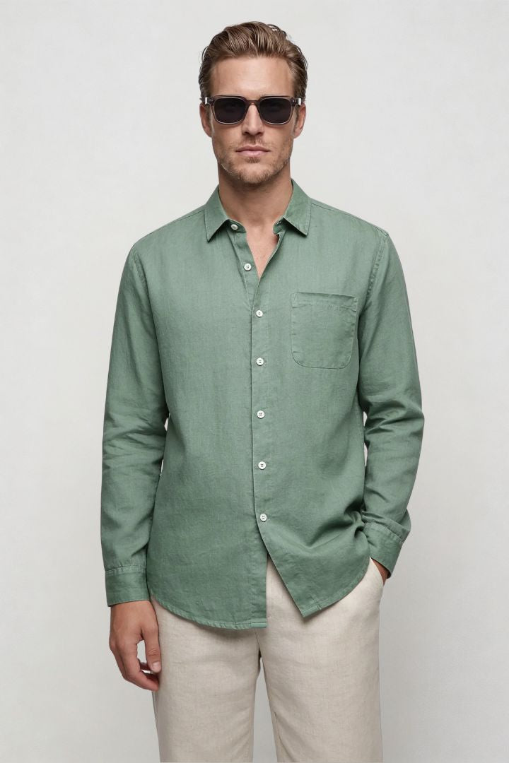 Men’s sage green linen resort set with relaxed linen shirt and drawstring pants lightweight summer outfit