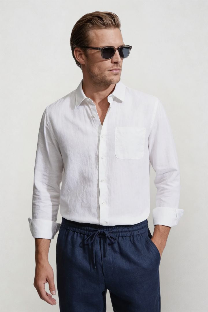 Men’s navy linen resort set with relaxed linen shirt and drawstring pants lightweight summer outfit