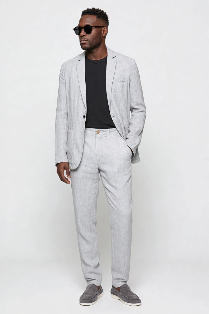 Edward linen tailored suit set for men with lightweight linen blazer and matching trousers in gray front view
