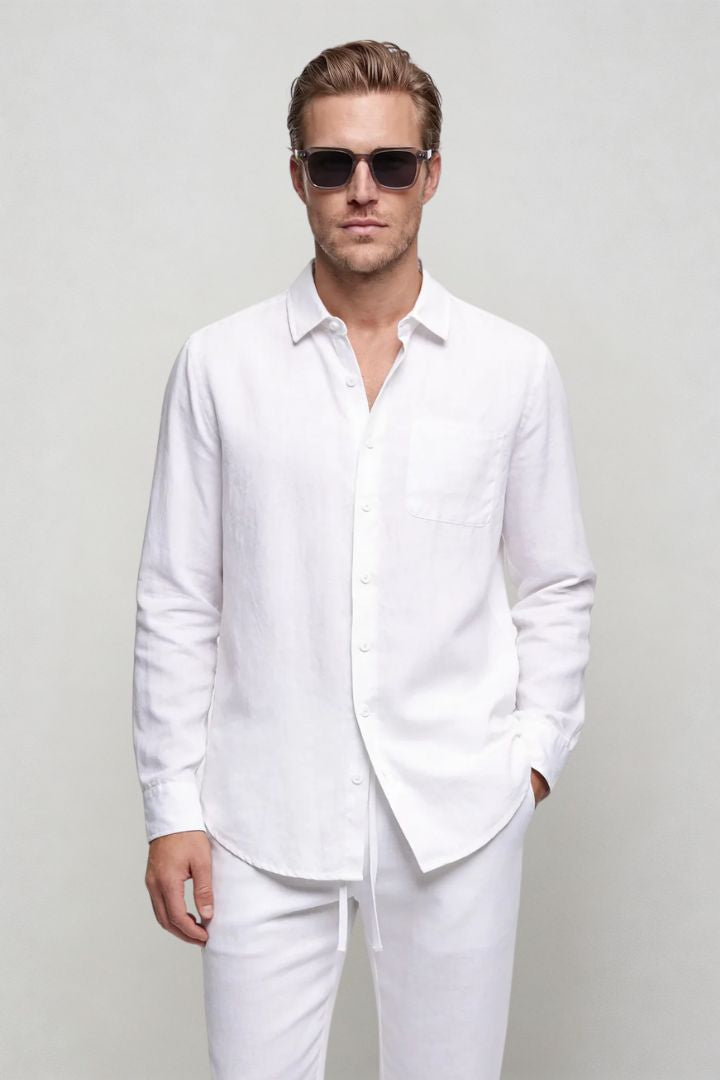 Men’s white linen resort set with relaxed linen shirt and drawstring pants lightweight summer outfit
