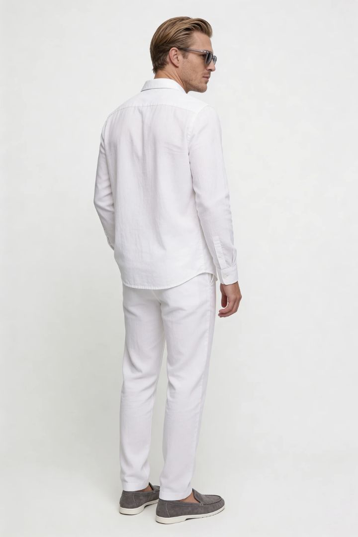 Men’s white linen resort set with relaxed linen shirt and drawstring pants lightweight summer outfit Lavencio Set
