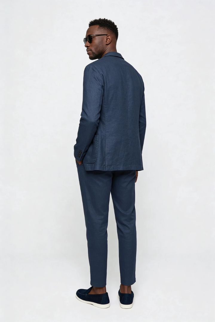 Edward linen tailored suit set for men with lightweight linen blazer and matching trousers in blue back view
