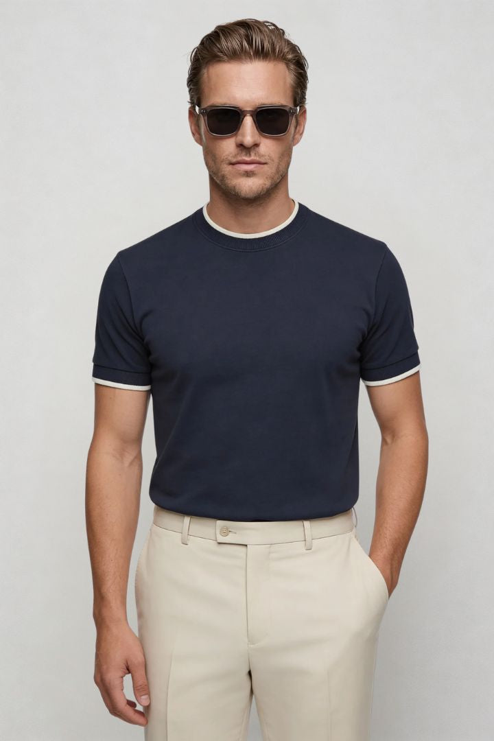 mens navy crew neck t-shirt lyocell cotton silk blend front side