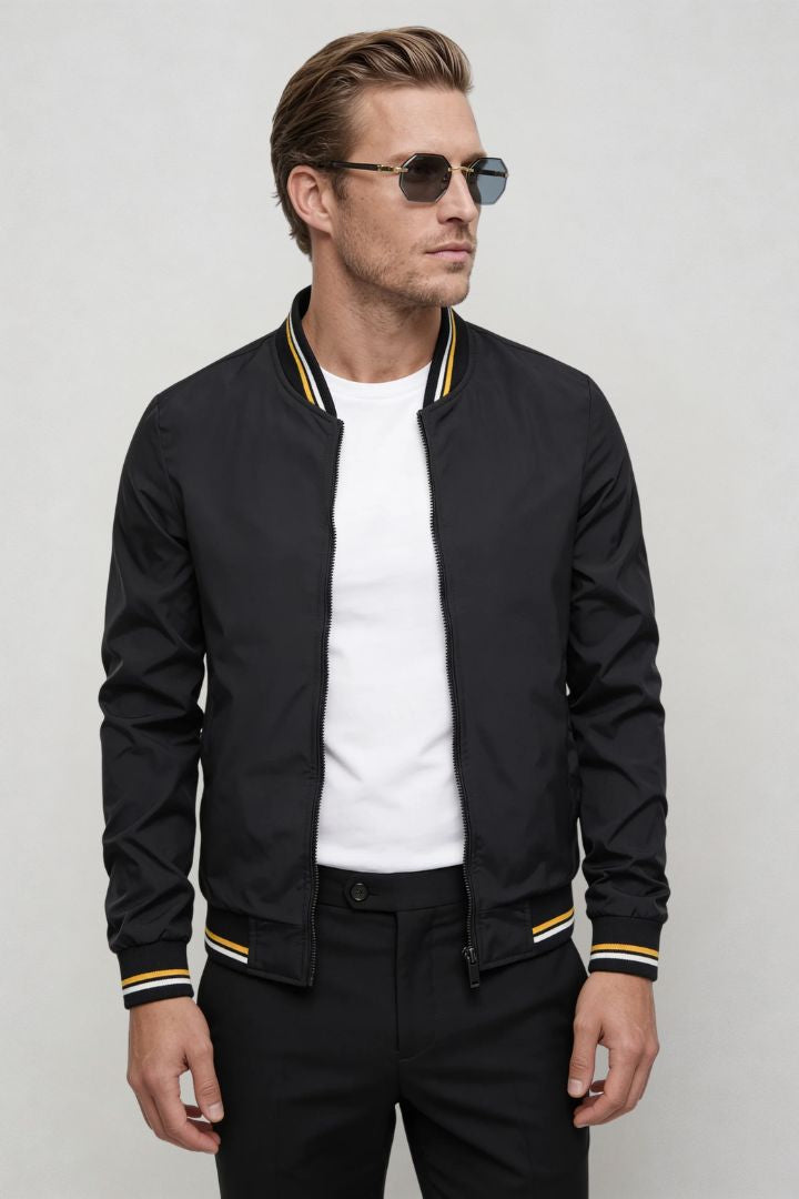 Kingsley Lightweight Zip Jacket – Black Polyester Bomber – Contrast Rib Detail – Modern Fit – Front View