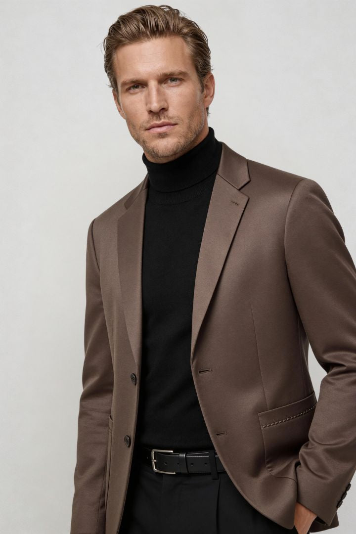 men’s brown tailored blazer slim fit smart casual sport coat structured silhouette close-up