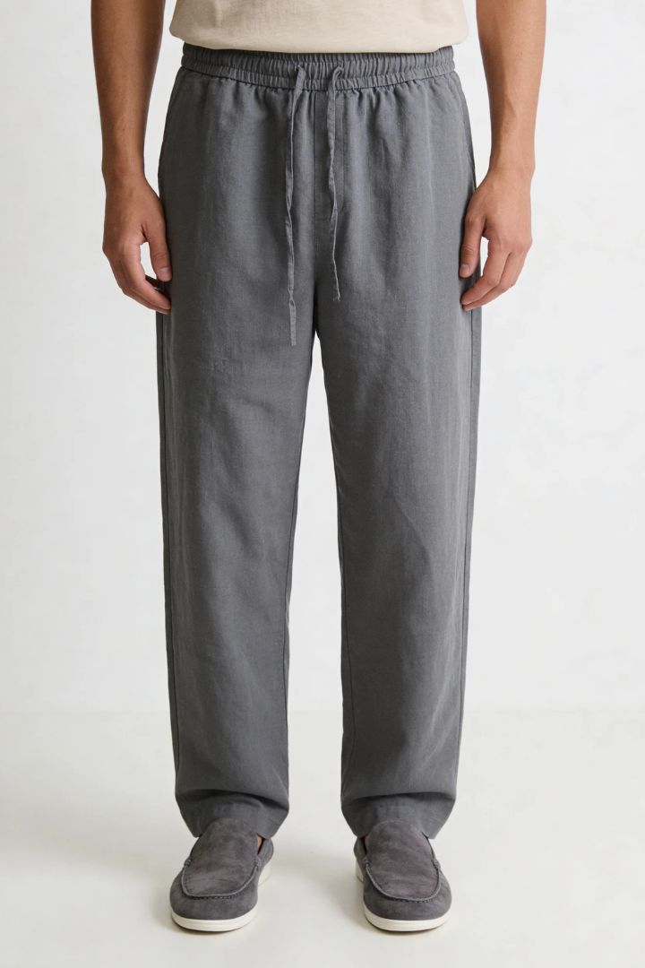 Men wearing gray linen drawstring trousers relaxed straight fit lightweight summer linen pants