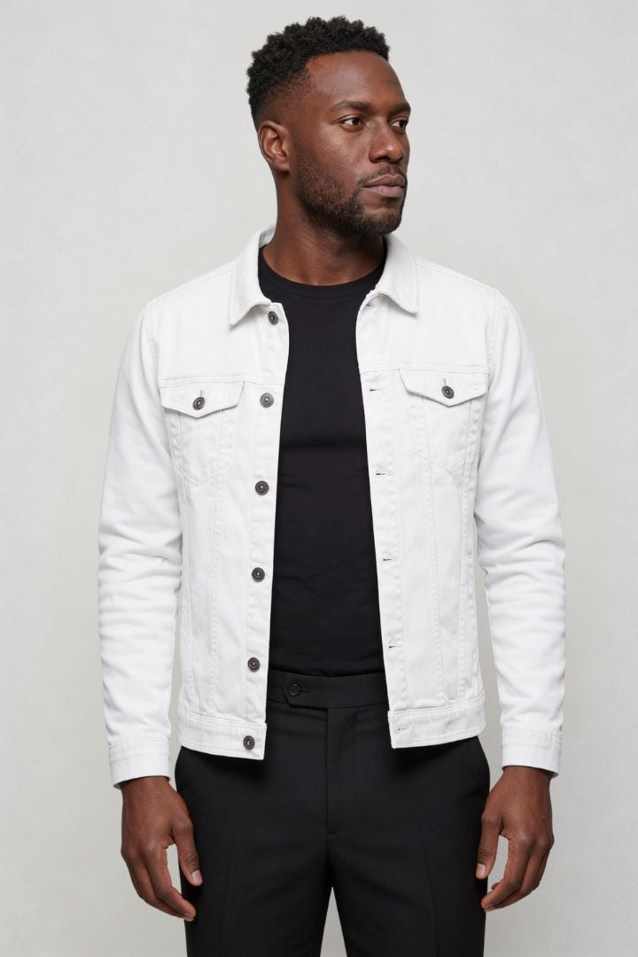 mens white denim jacket slim fit cotton trucker style side pose