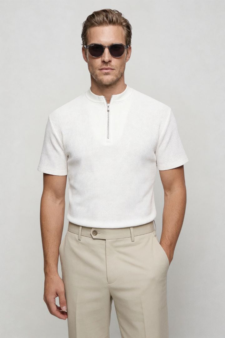 Men's waffle knit half-zip t-shirt with textured cotton blend fabric and modern tailored fit, refined casual menswear essential in white front view