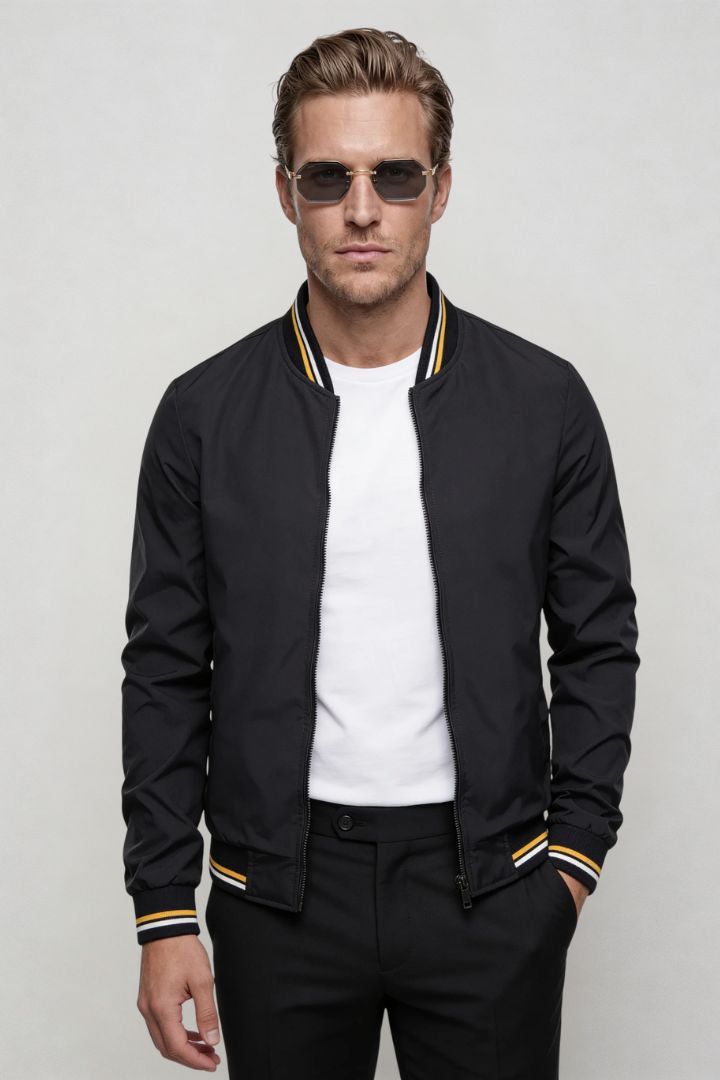 Kingsley Lightweight Zip Jacket – Black Polyester Bomber – Contrast Rib Detail – Modern Fit – Front View