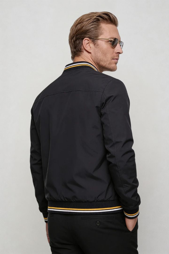 Kingsley Lightweight Zip Jacket – Black Polyester Bomber – Contrast Rib Detail – Modern Fit – Back View