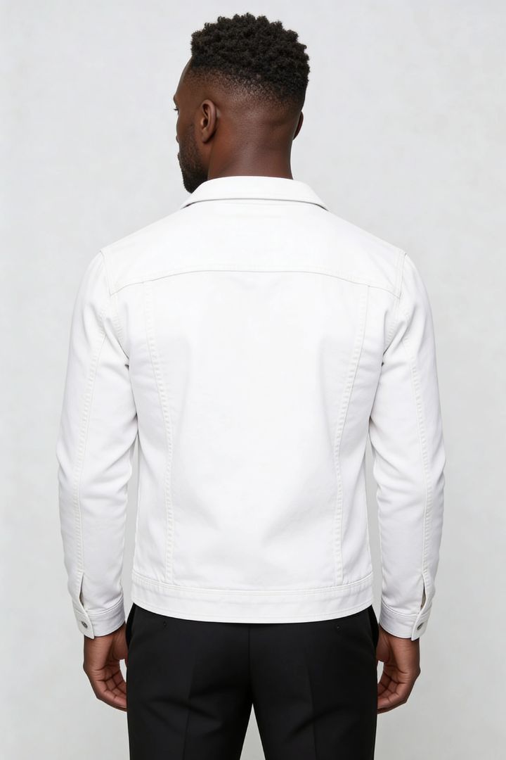 mens white denim jacket slim fit cotton trucker style back