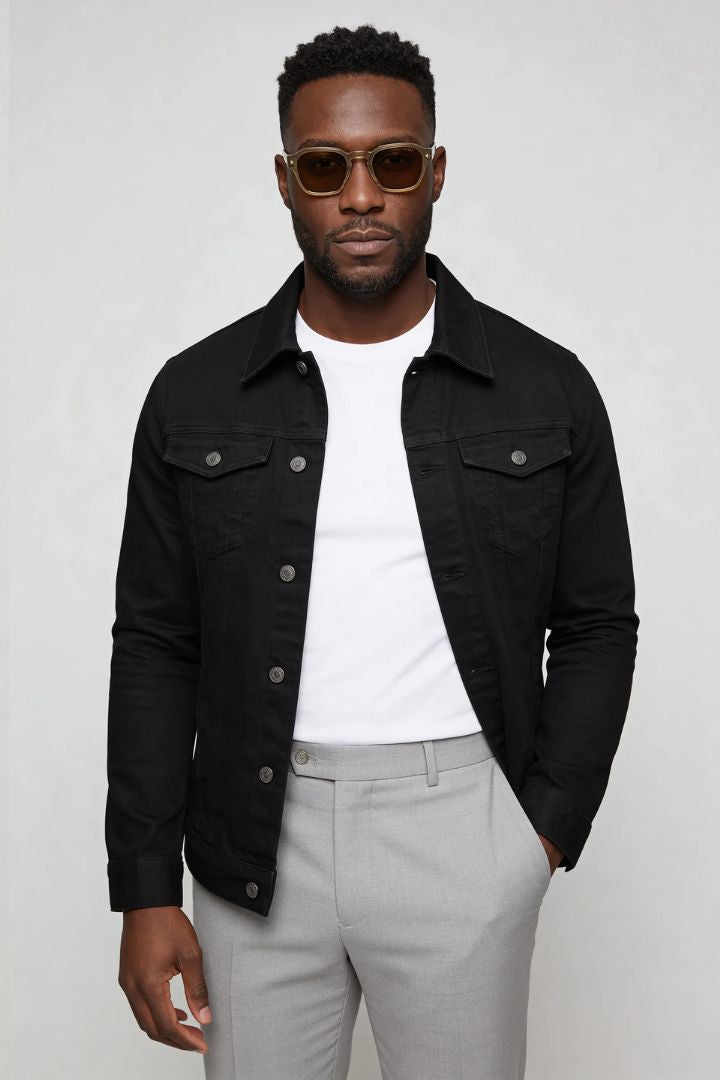 mens black denim jacket slim fit cotton trucker style front side