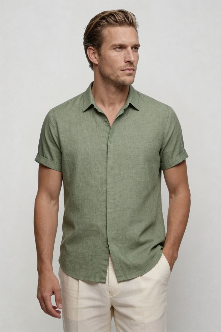 Men’s linen blend short sleeve Riviera shirt designed for breathable summer comfort in green front view