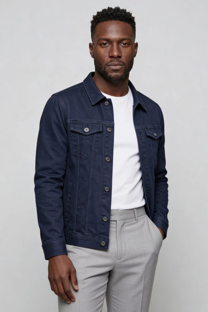 mens navy denim jacket slim fit cotton trucker style front side