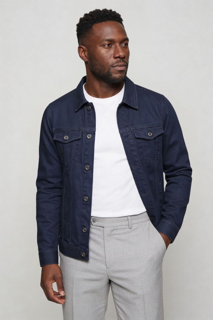 mens navy denim jacket slim fit cotton trucker style  side pose