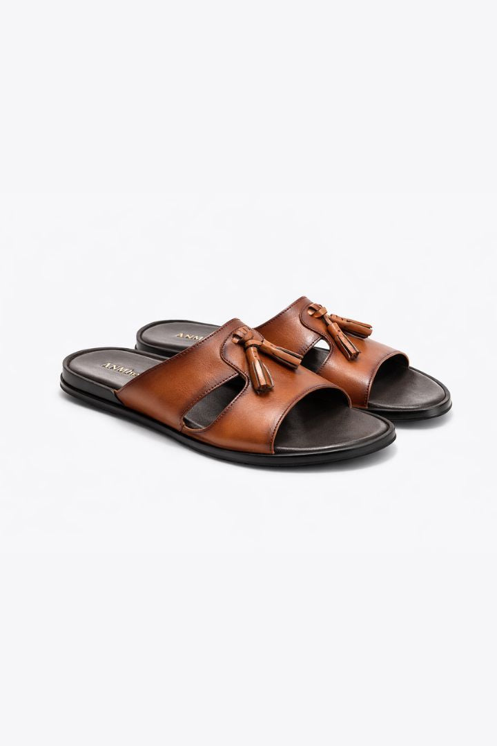 Brown genuine leather tassel slide sandals men