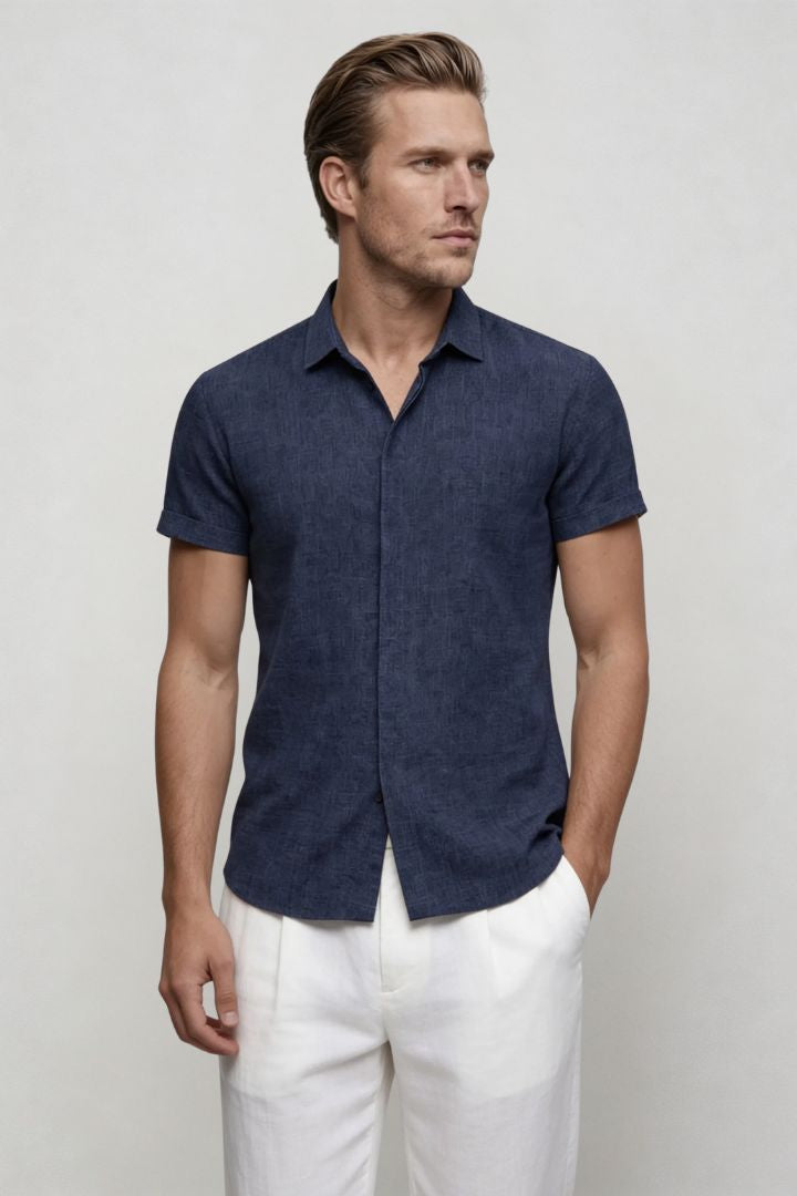 Men’s linen blend short sleeve Riviera shirt designed for breathable summer comfort in navy