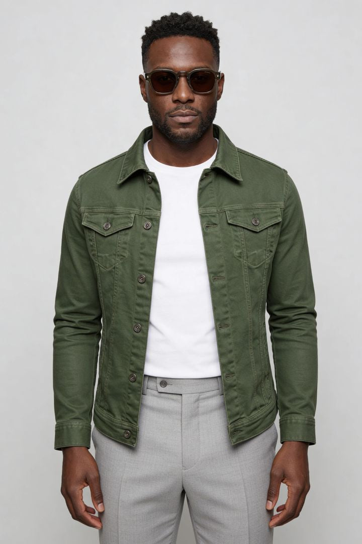 mens army green denim jacket slim fit cotton trucker style front side