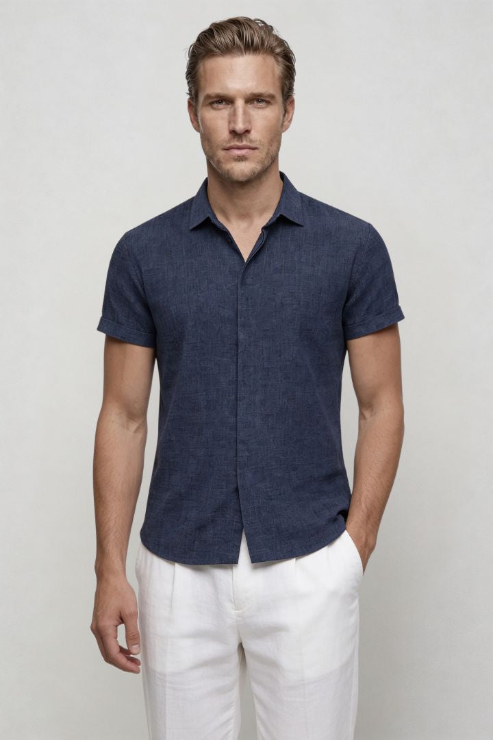 Men’s linen blend short sleeve Riviera shirt designed for breathable summer comfort in navy front view