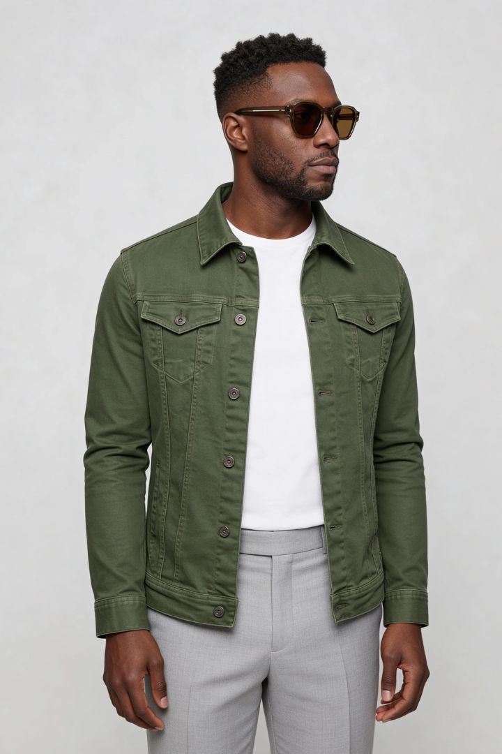 mens army green denim jacket slim fit cotton trucker style side pose