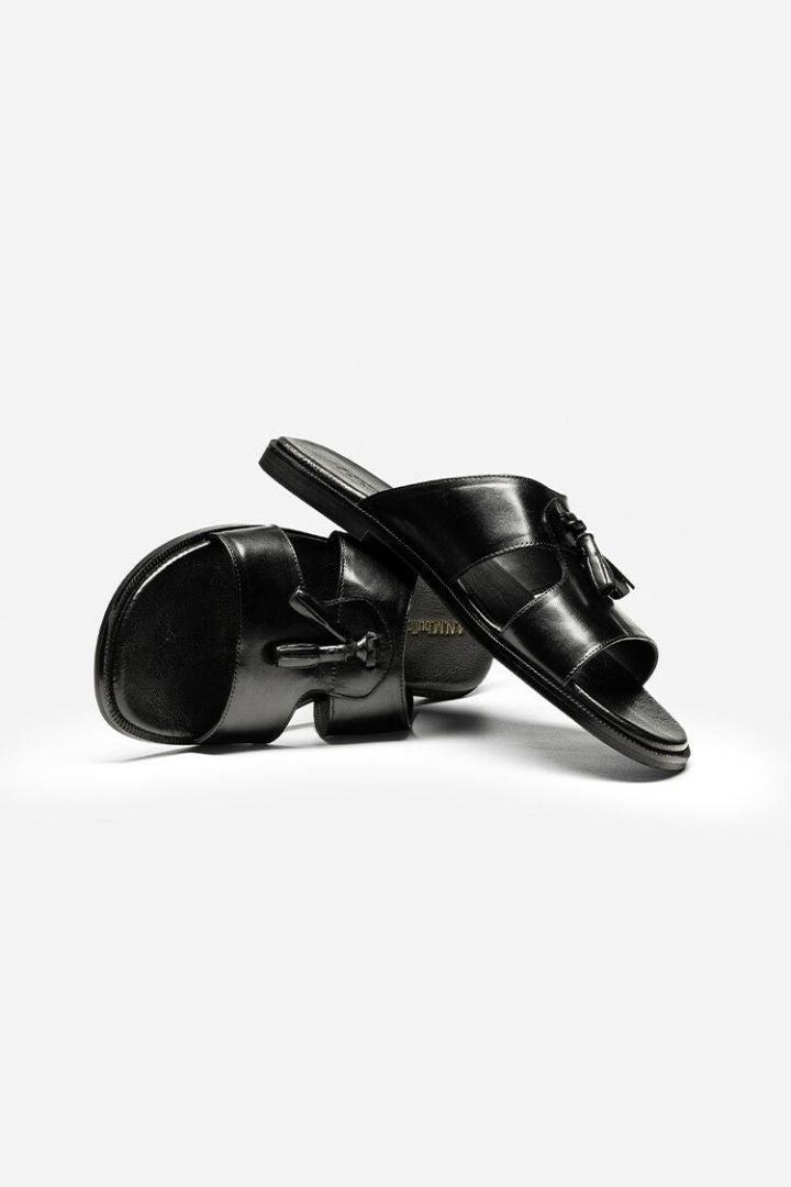 black genuine leather tassel slide sandals men