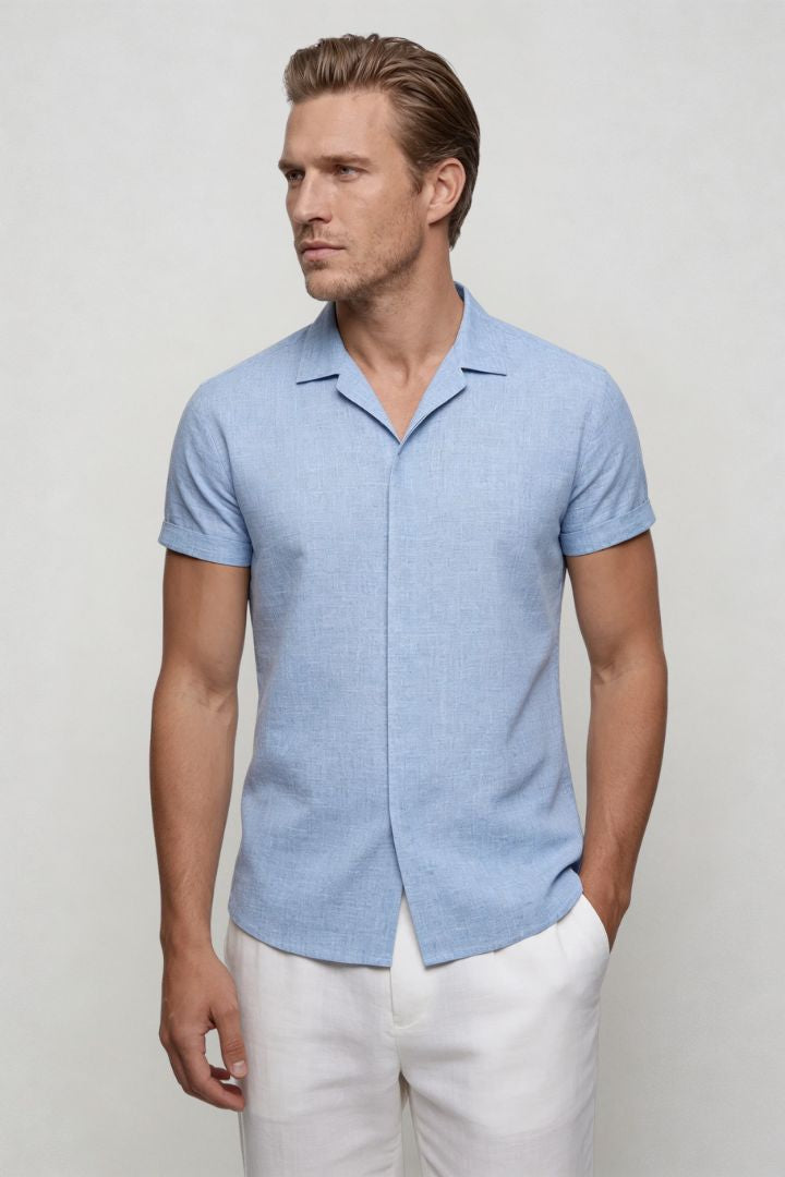 Men’s linen blend short sleeve Riviera shirt designed for breathable summer comfort in blue front view