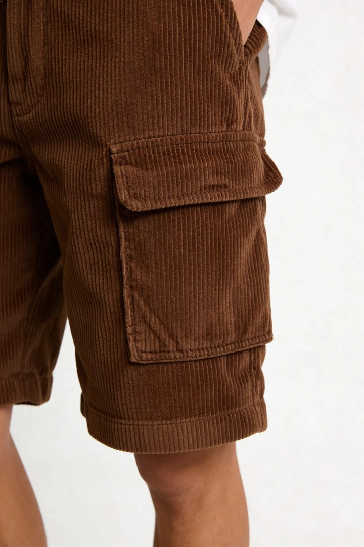 Men's corduroy cargo shorts relaxed fit textured summer shorts with utility pockets brown close-up