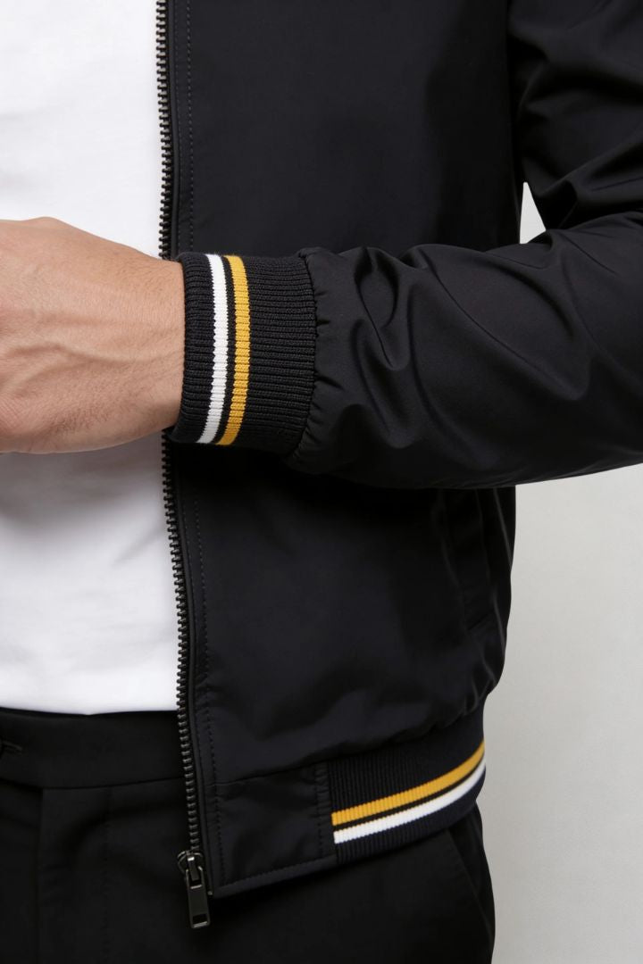 Kingsley Lightweight Zip Jacket – Black Polyester Bomber – Contrast Rib Detail – Modern Fit – Close-up View