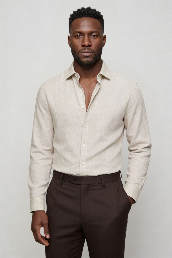 Lavencio Men’s 100% linen button up shirt in light beige with tailored fit
