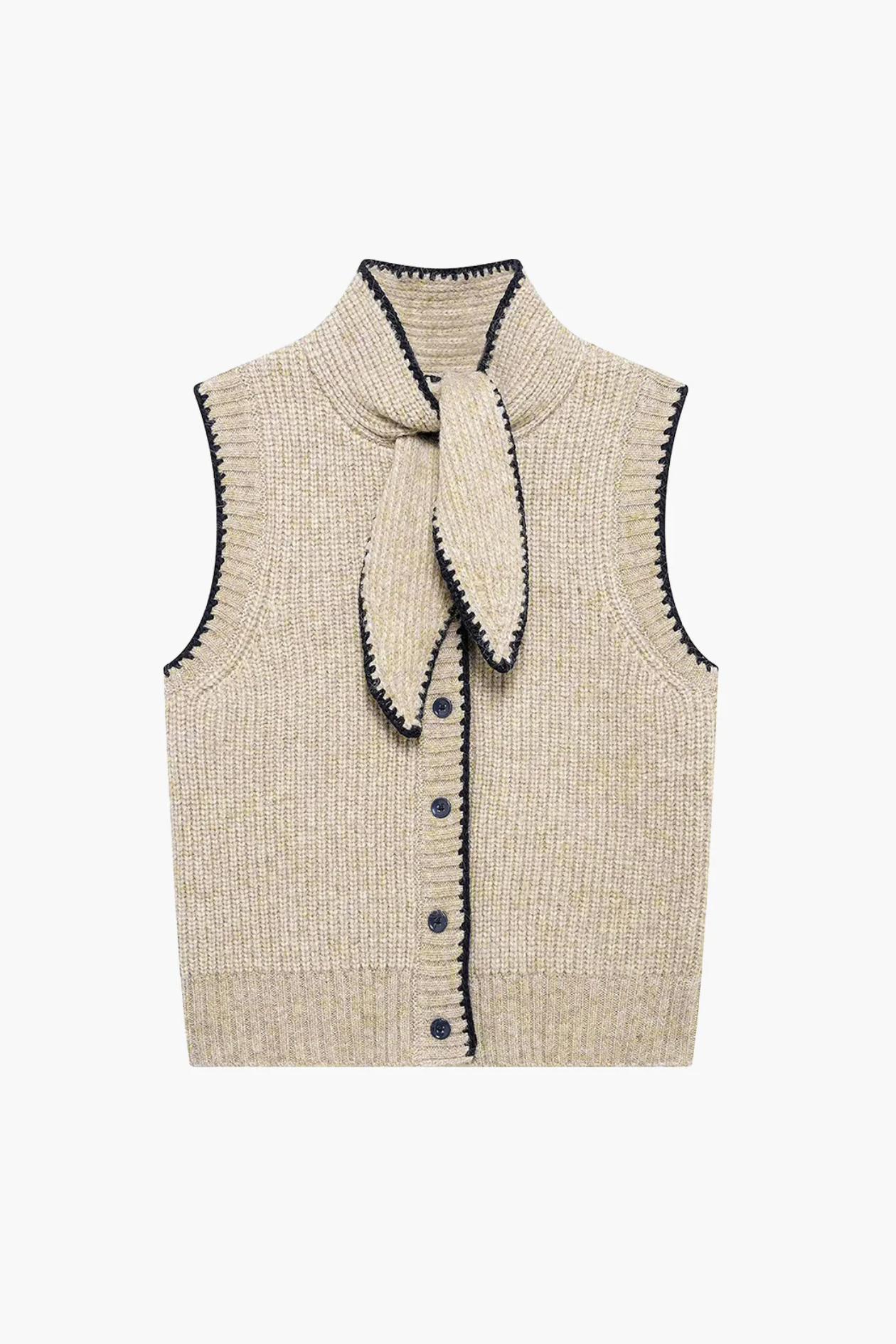 Beige knitted vest with a scarf on a white background
