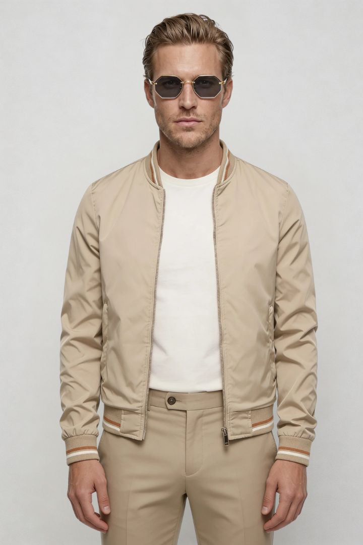 Kingsley Lightweight Zip Jacket – Beige Polyester Bomber – Contrast Rib Detail – Modern Fit – Front View