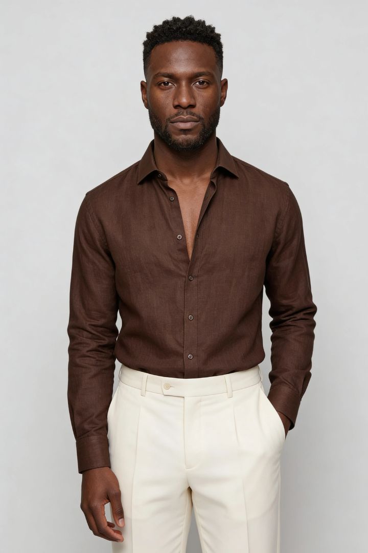 Lavencio Men’s 100% linen button up shirt in brown with tailored fit