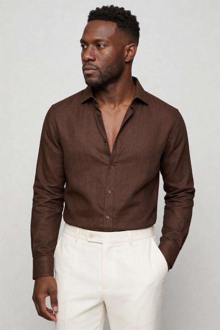 Lavencio Men’s 100% linen button up shirt in brown with tailored fit side pose