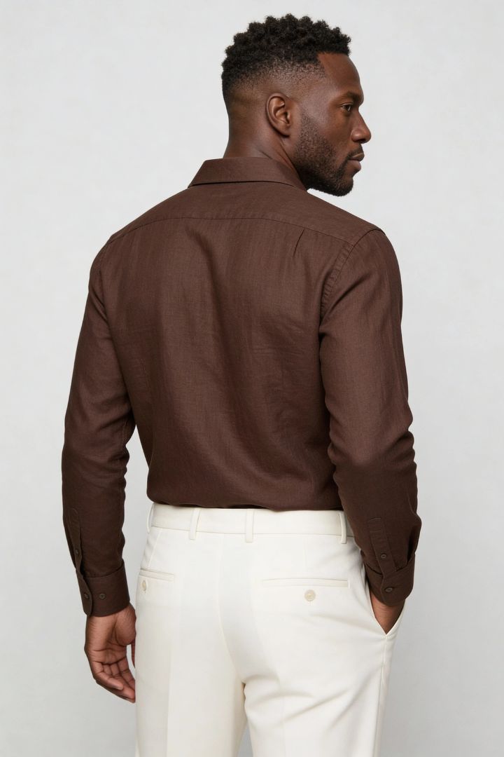 Lavencio Men’s 100% linen button up shirt in brown with tailored fit back