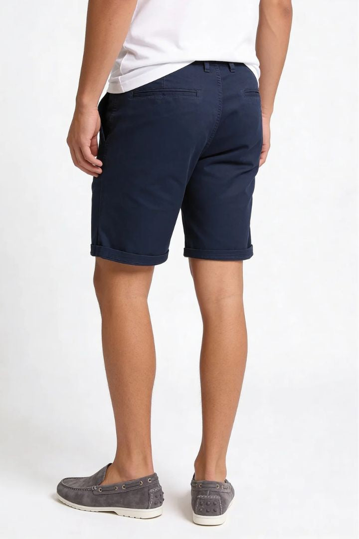Men’s navy cotton chino shorts with tailored fit designed for breathable summer comfort back view