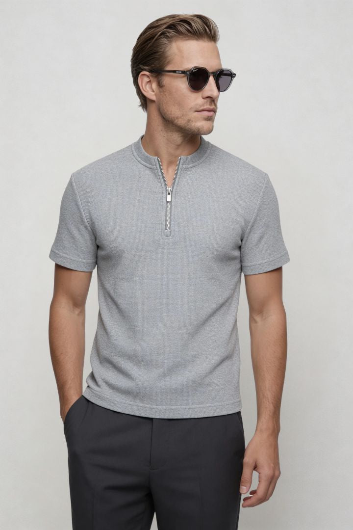 Men's waffle knit half-zip t-shirt with textured cotton blend fabric and modern tailored fit, refined casual menswear essential in gray front view